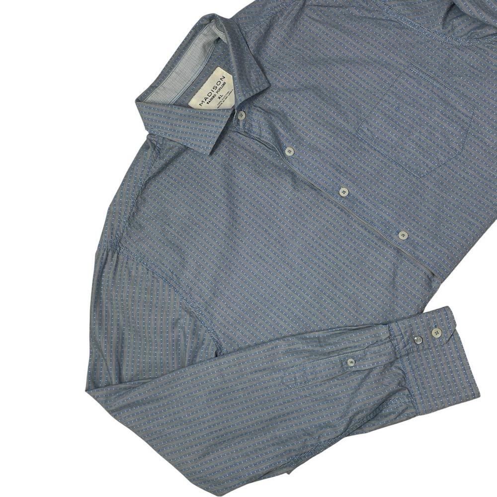 Madison Washed Poplin Textured Shirt Mens XL Blue Stripe Button Up Cotton